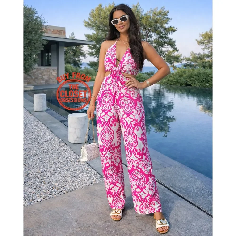 Zara NWT Pink White Cutout Wide Leg Jumpsuit M